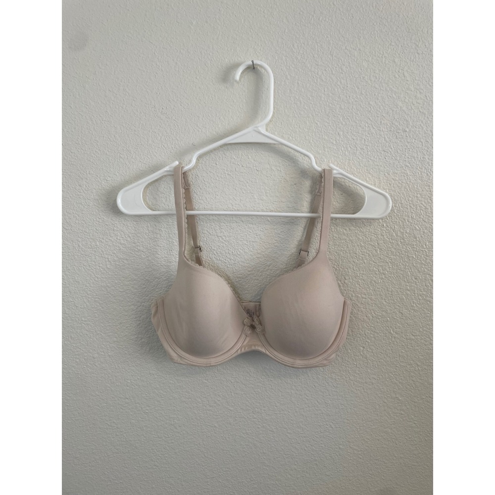 Victoria's Secret 34D Smooth Demi T-Shirt Bra Beige Lace Trim Bow Detail